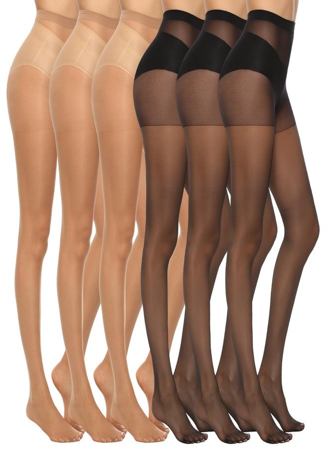 MANZI 6 Pairs Women's 20D Sheer Silky Pantyhose Run Resistant Nylon Tights High Waist Stockings with Control Top(3 Black +3 Natural,M - Image 1